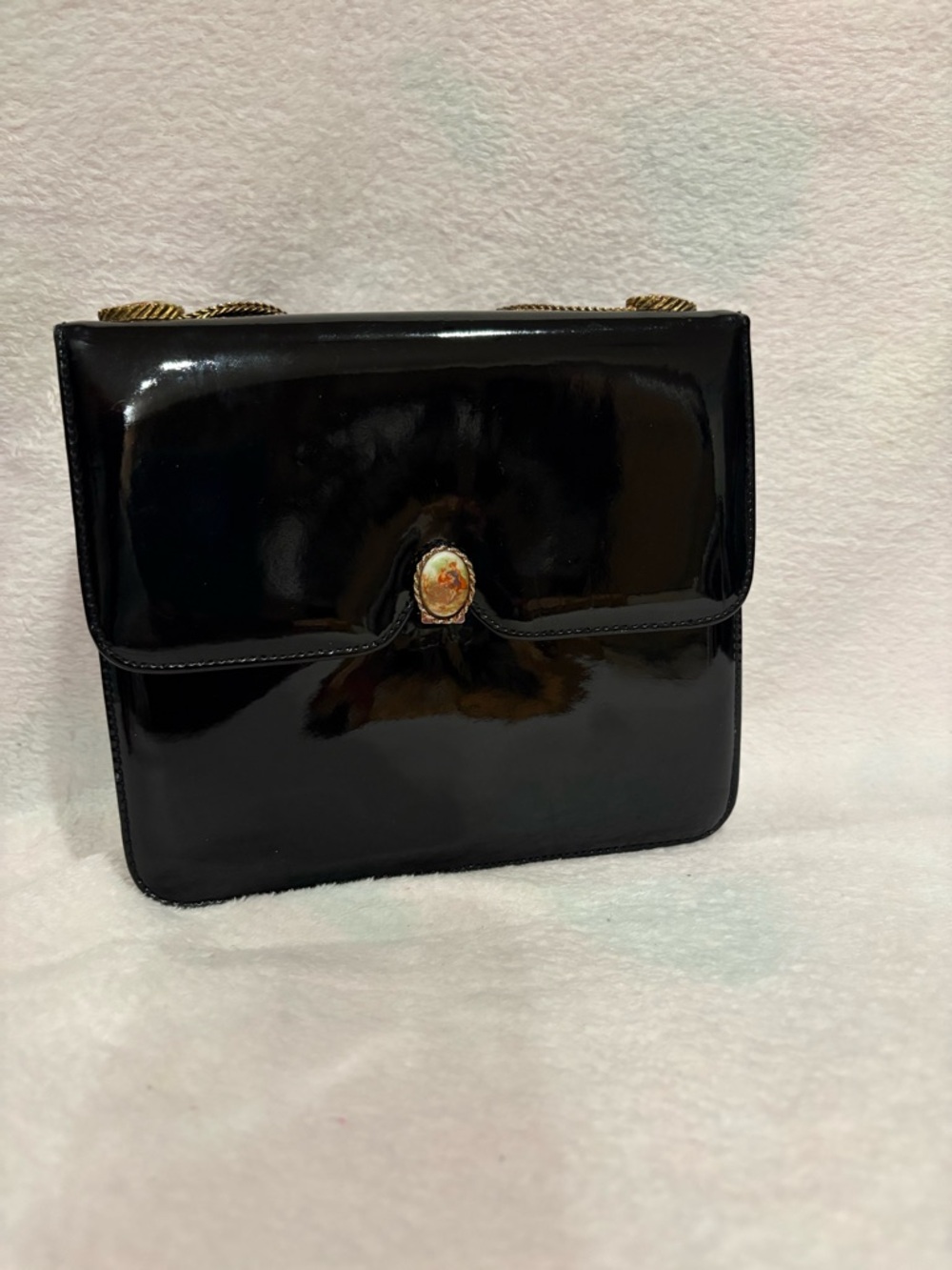 Rosart Vintage 1950s Black Patent Evening Bag with Gold Chain